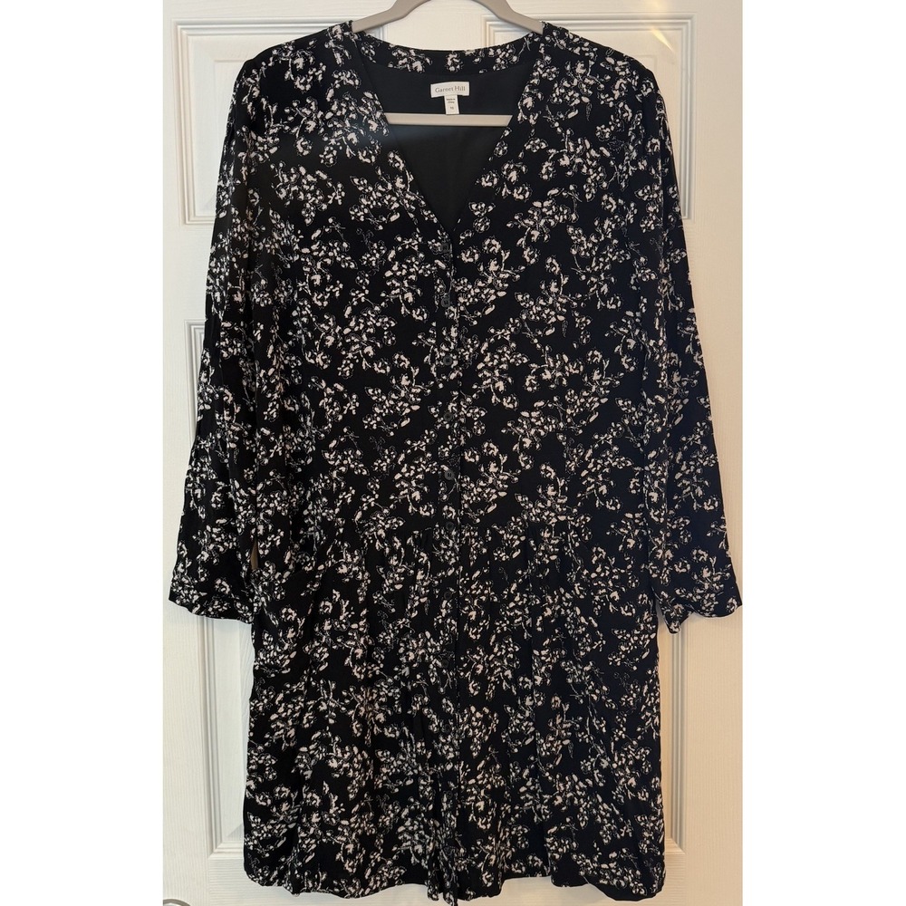 Garnet Hill Dress 10 Black Floral Baby Doll Pockets Drop Waist Long Sleeve EUC